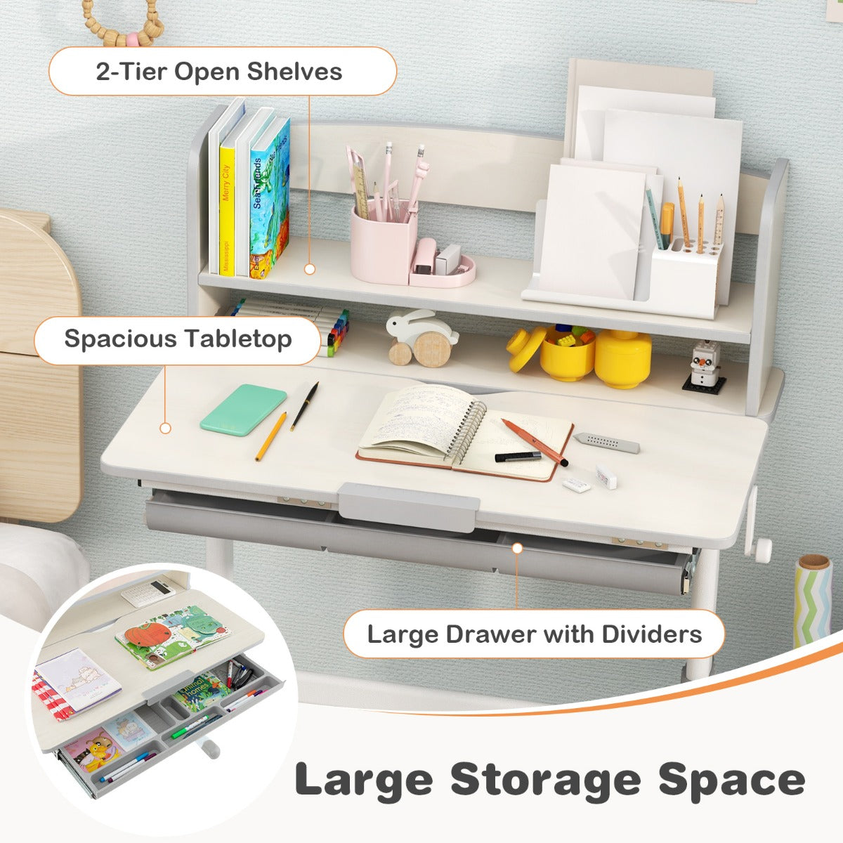 Height Adjustable Children Writing Table with Tilt Desktop and Hutch-Grey