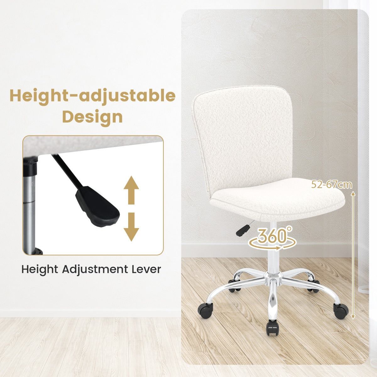 Height-adjustable Ergonomic Chair wIth Wheels for Adults and Teenangers-White