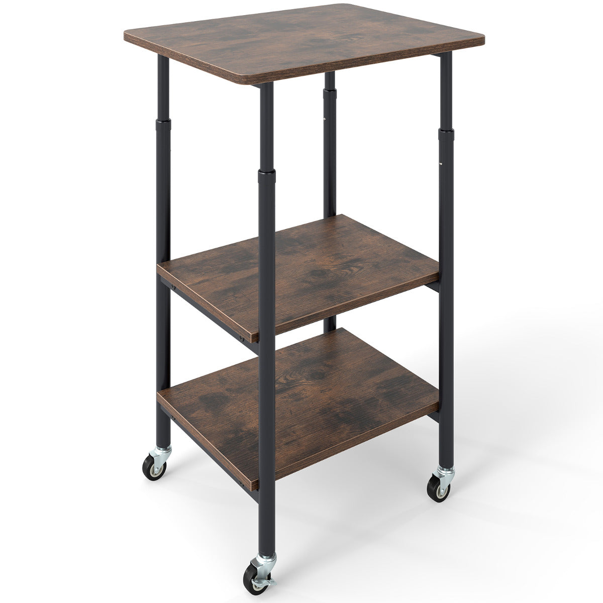 Height Adjustable Printer Stand with Storage Shelves and Locking Wheels-Rustic Brown