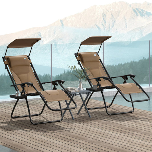 Outsunny Zero Gravity Lounger Chair Set of 2, Folding Reclining Patio Chair with Shade Cover, Cup Holder, Soft Cushion and Headrest for Poolside, Camping, Coffee