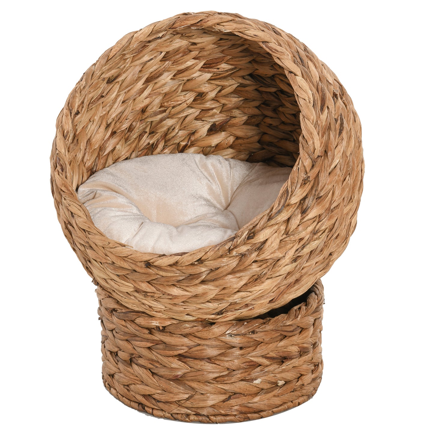 PawHut Wicker Cat Bed, Podwyższony Rattanowy Kosz dla Kota z Cylindryczną Podstawą, Miękka Zmywalna Poduszka, 42 x 33 x 52 cm - Brązowy