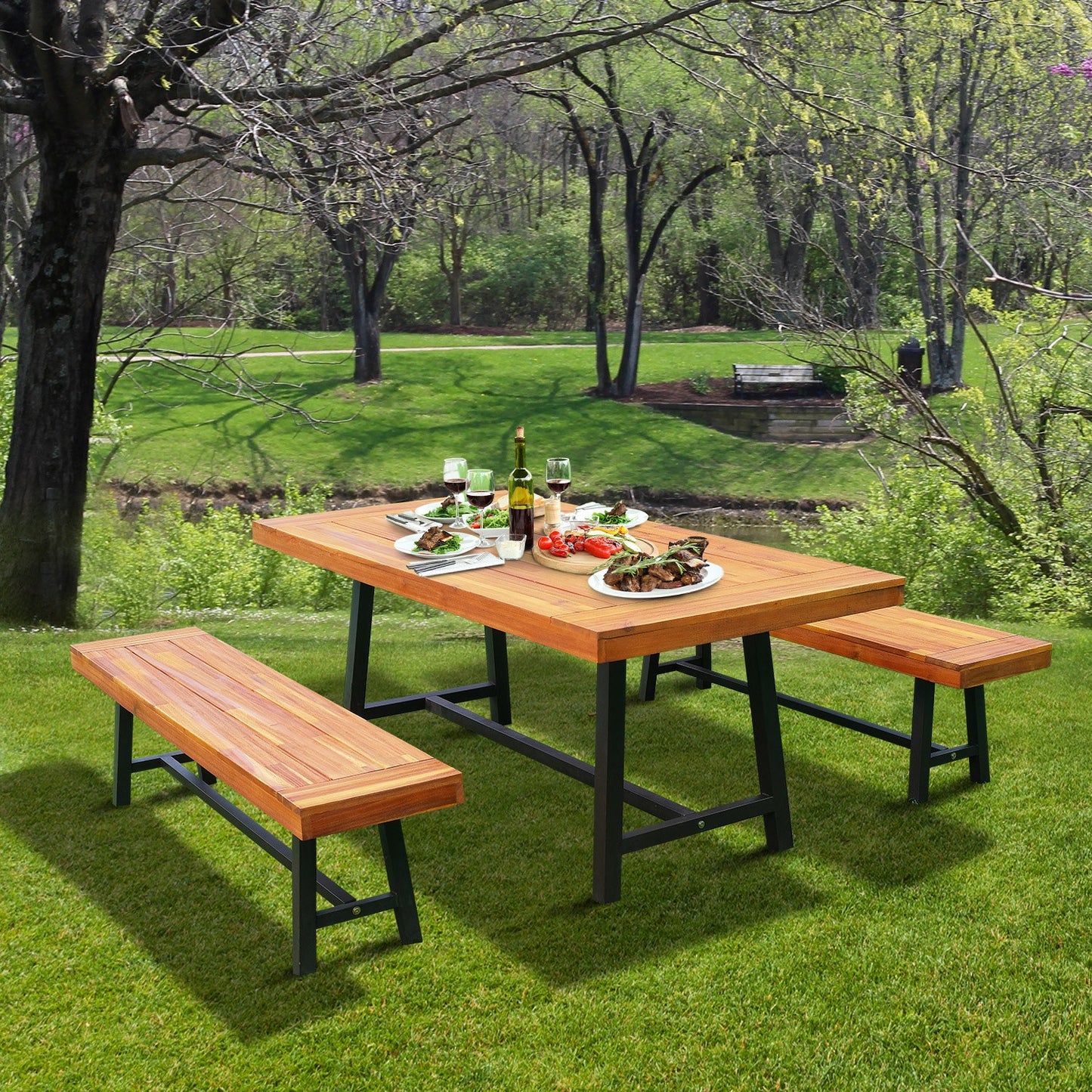 Outsunny Garden 3-częściowy stół piknikowy z drewna akacjowego i 2 ławki zestaw jadalny stolik piwny patio meble ogrodowe i do wnętrz