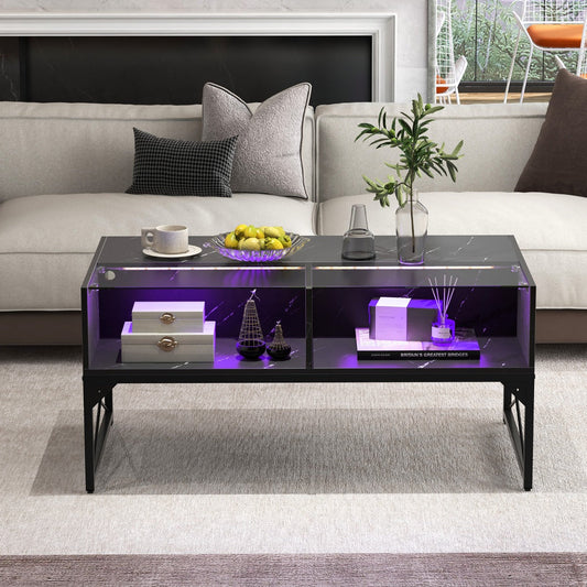 High-gloss LED Coffee Table with Faux Marble and Tempered Glass Top-Black