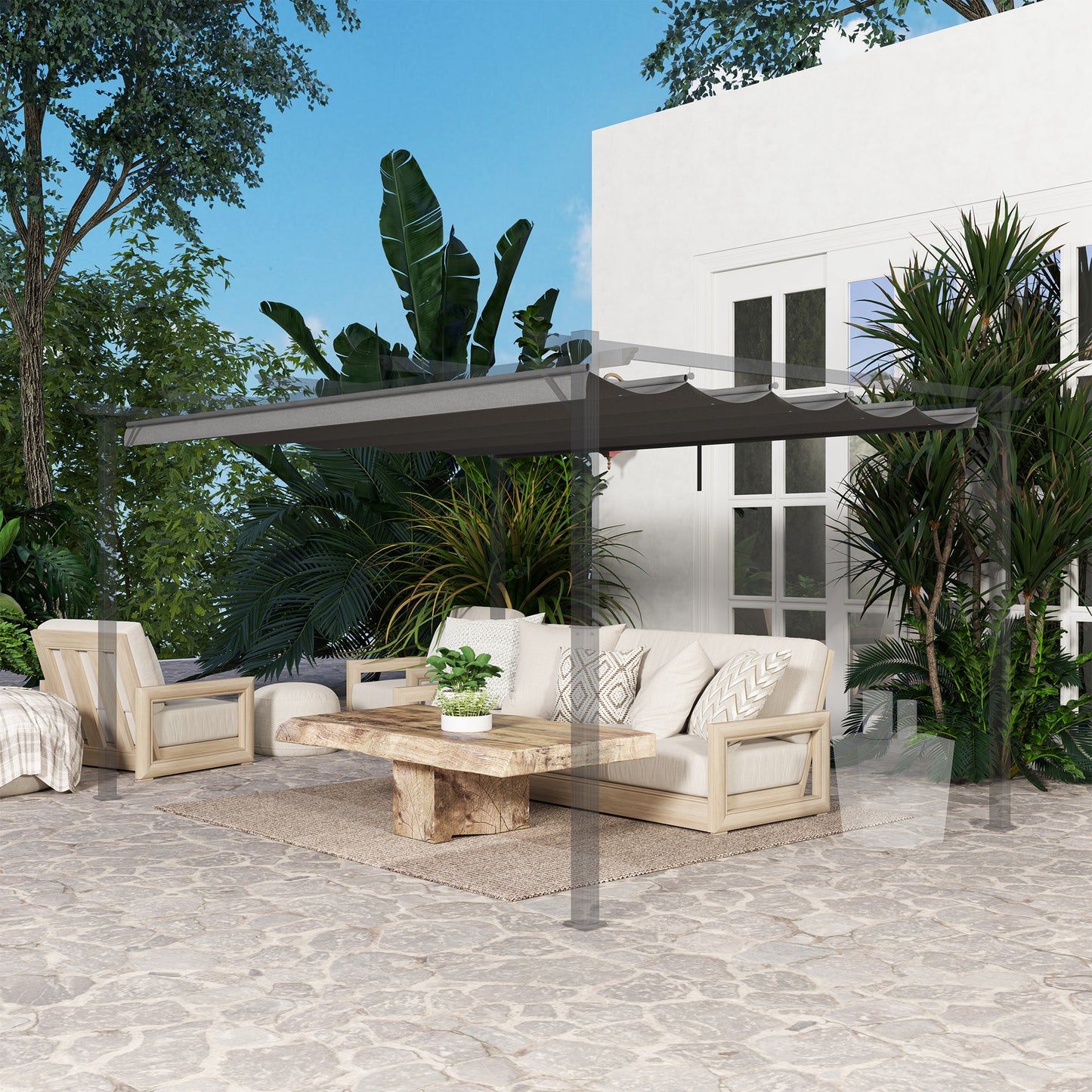 Osłona przeciwsłoneczna Outsunny Retractable Pergola Shade Cover, wymienna osłona do pergoli 4 x 3 (m), dach chowany, jasnoszary
