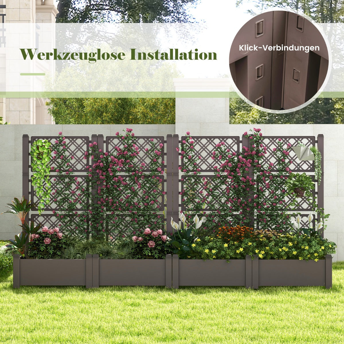 Outdoor Planter Box Self-Watering Raised Garden Bed Trellis with Water Level Indicator-Coffee