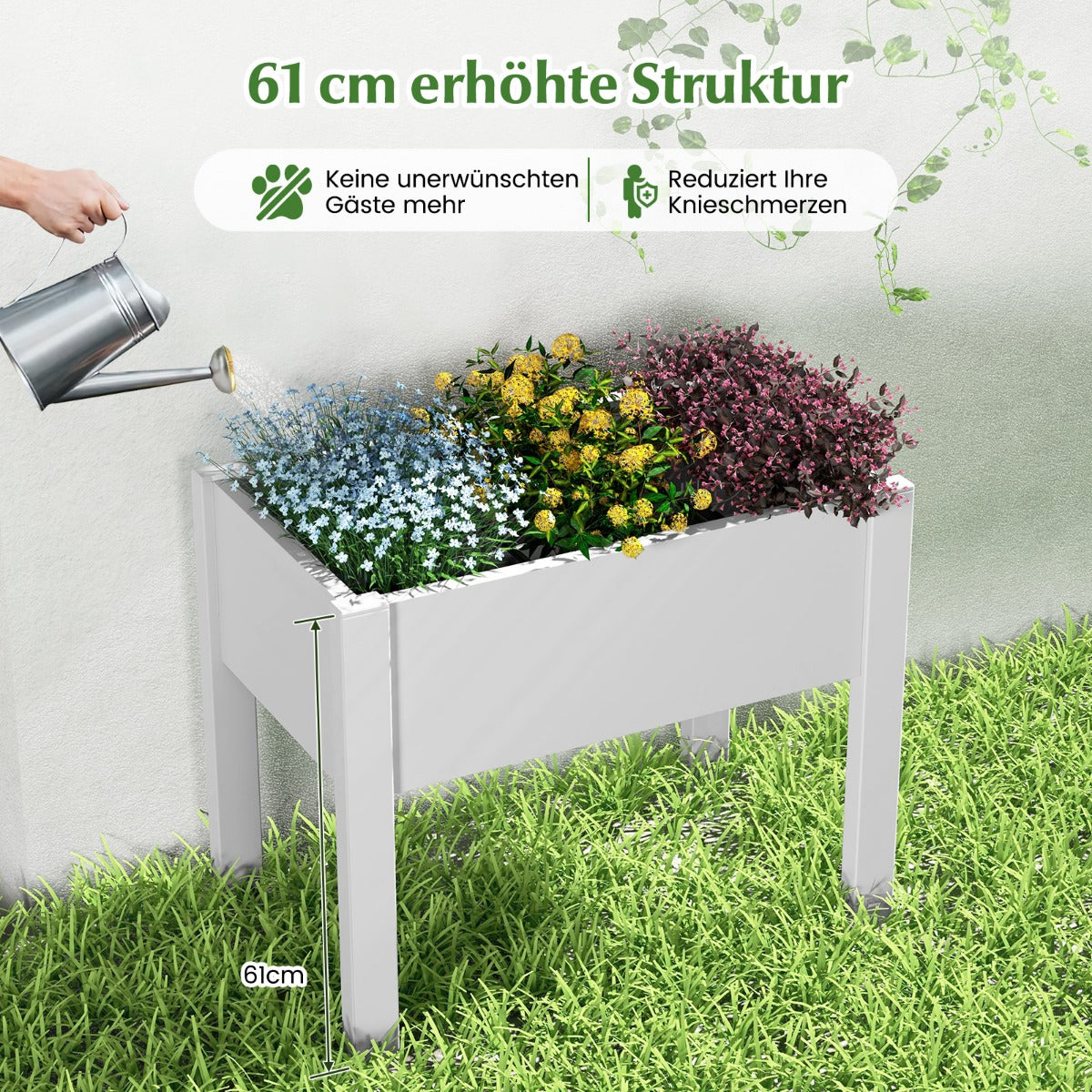 53L Raised Bed Grow Box Self-Watering Planter Box Stand with Water Level Monitor-White