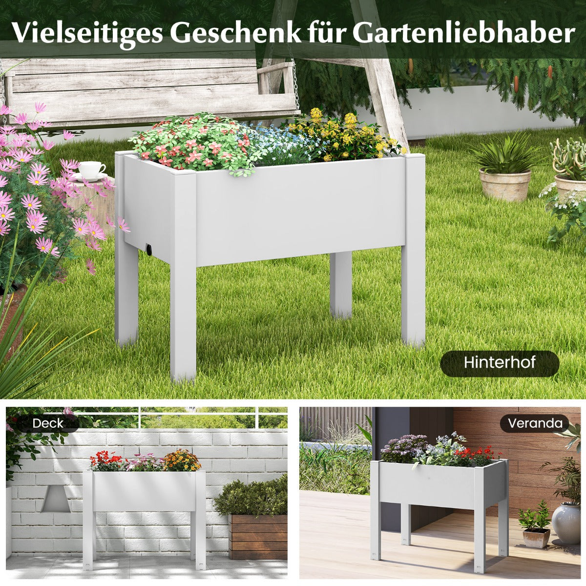 53L Raised Bed Grow Box Self-Watering Planter Box Stand with Water Level Monitor-White