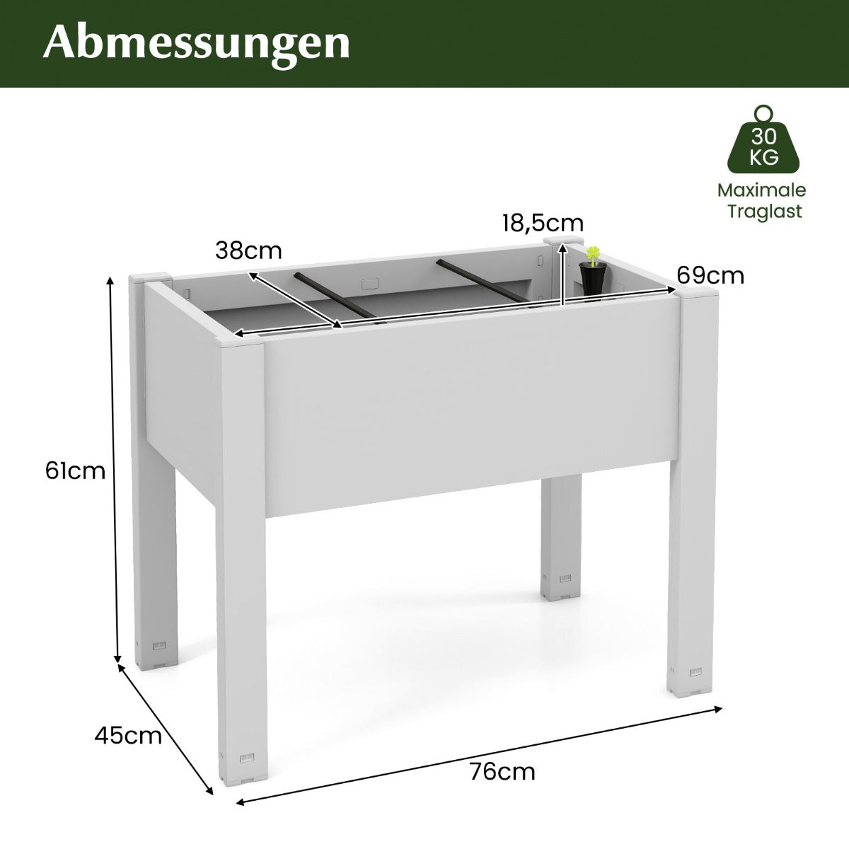 53L Raised Bed Grow Box Self-Watering Planter Box Stand with Water Level Monitor-White