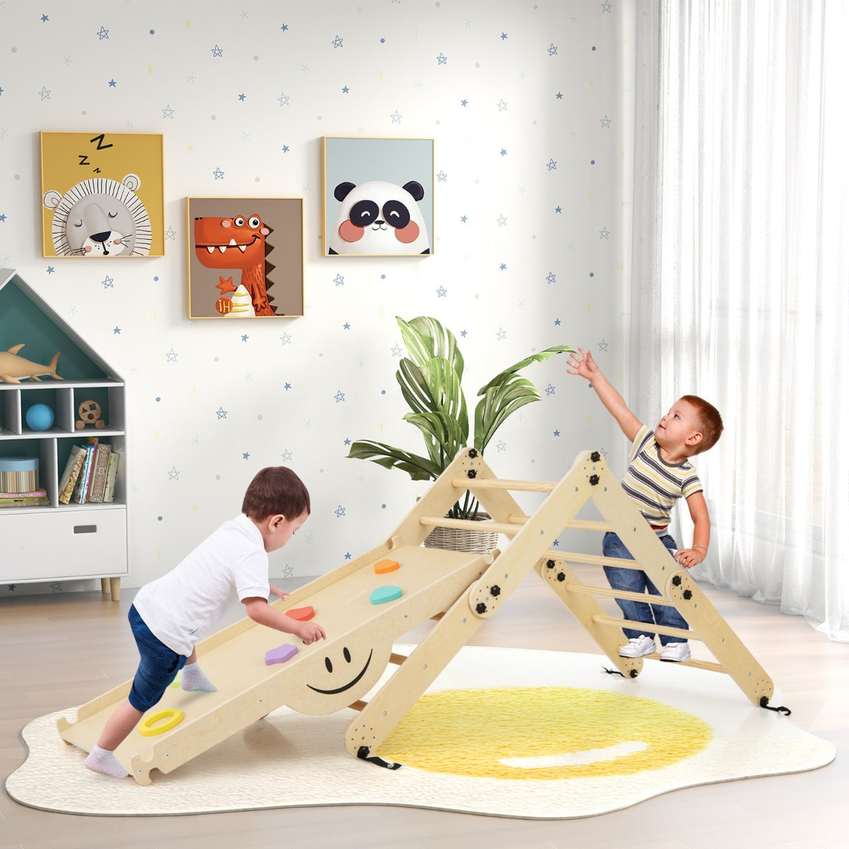 Climbing Triangle Ladder Toy Jungle Gym with Reversible Ramp-Natural