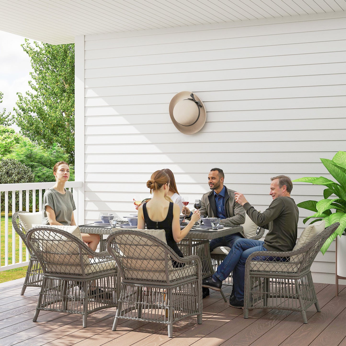 Zestaw jadalny Outsunny Rattan z poduszkami na siedzisko i oparcie, 6-osobowy zestaw mebli ogrodowych z aluminiową ramą, 6 krzeseł, prostokątny stół z blatem WPC, meble ogrodowe z wikliny Conservatory, szary
