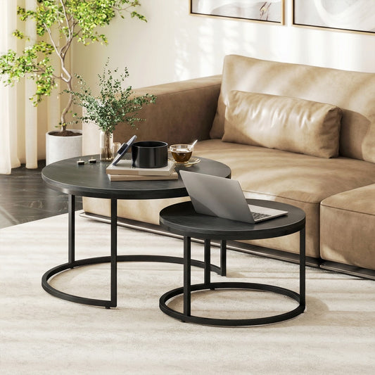 HOMCOM Set of Two Wood-Effect Stacking Tables in Black Wood Grain, image 2