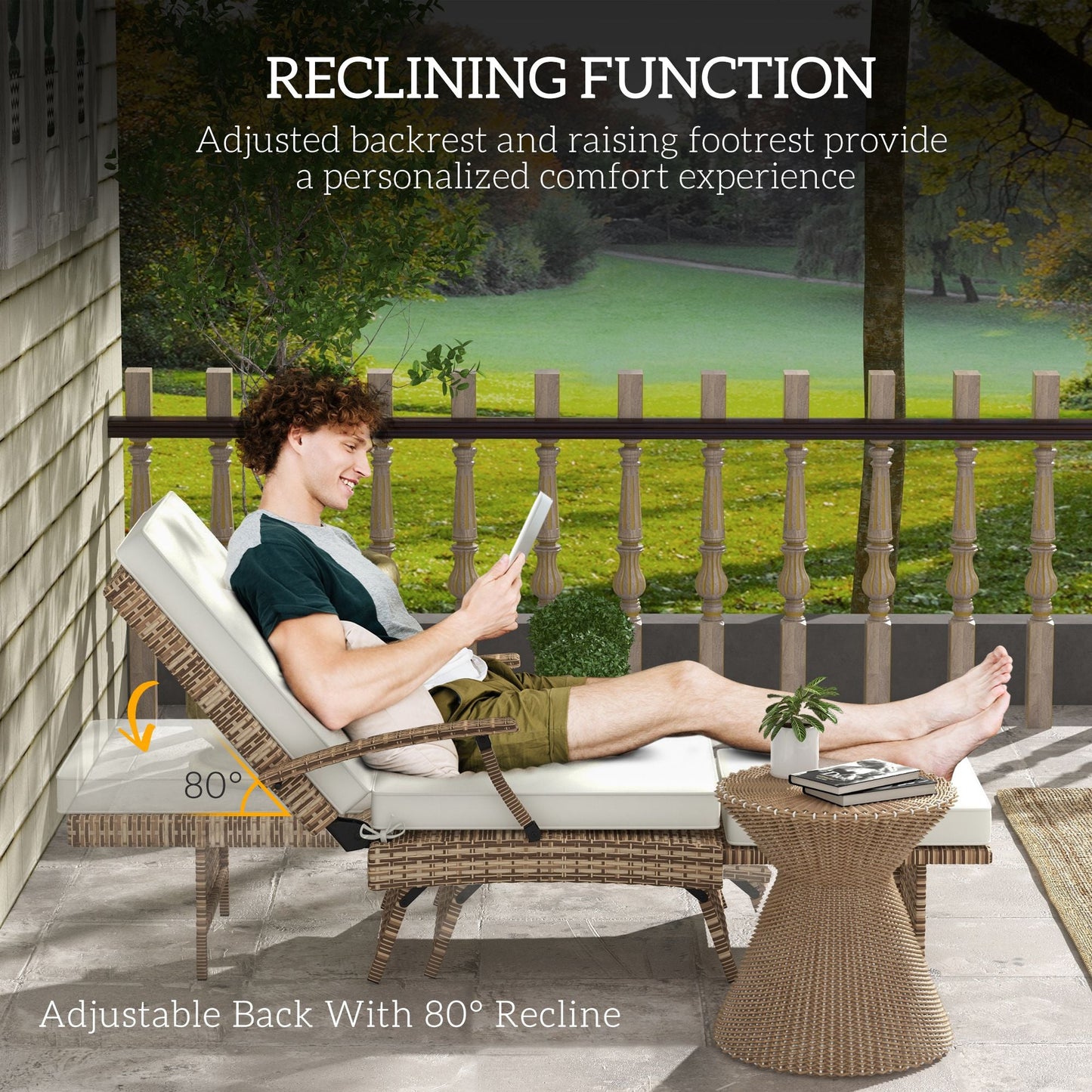Outsunny 80 Reclining Rattan Lounger - White/Brown