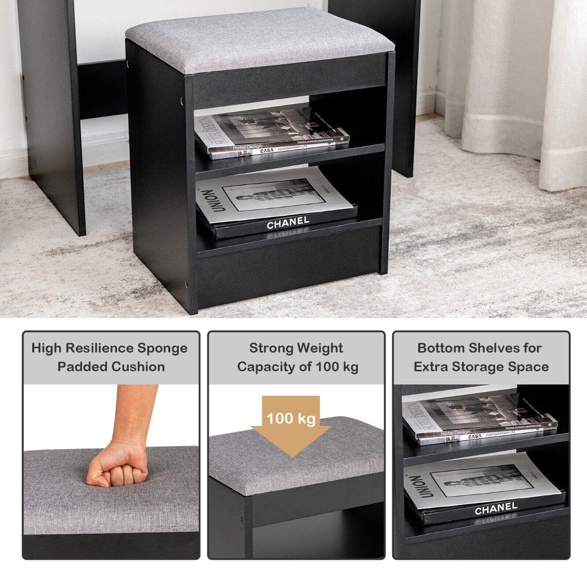 Modern Dressing Table Set with LED Lights Mirror and Drawer-Black