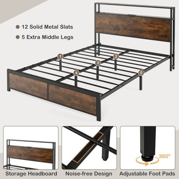 5 Feet King Size Metal Bed Frame with RGB LED Lights and Charging Station