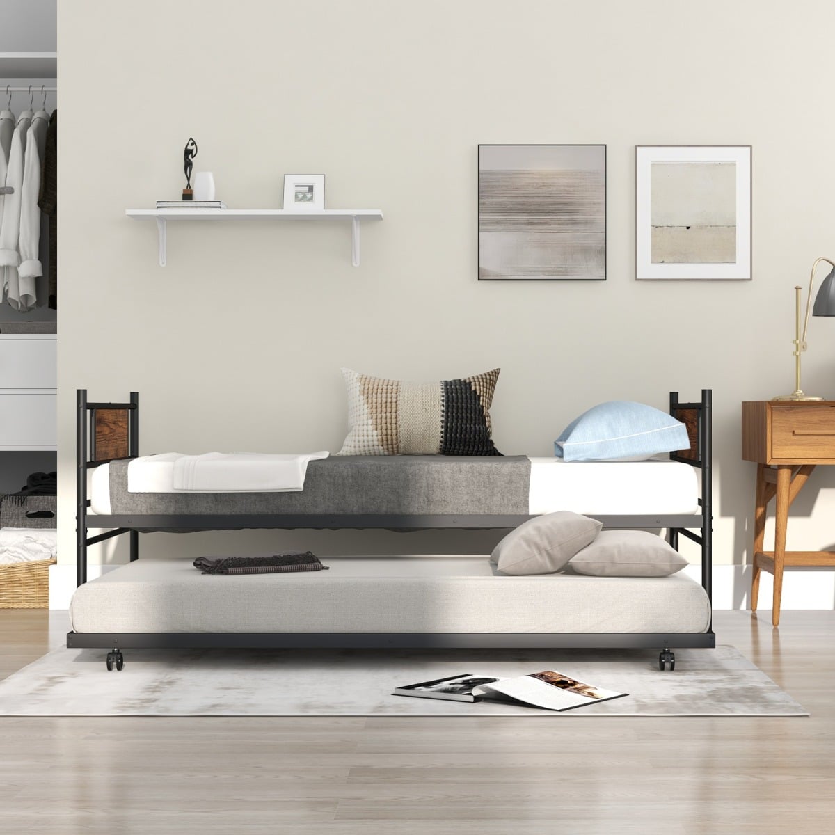 Metal Daybed with Pull-out Trundle and Headboard-Single Size
