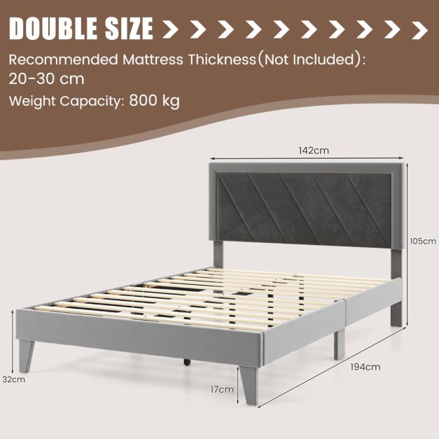 Single/Double Platform Bed with High Headboard &12 Wooden Slats-Double Size