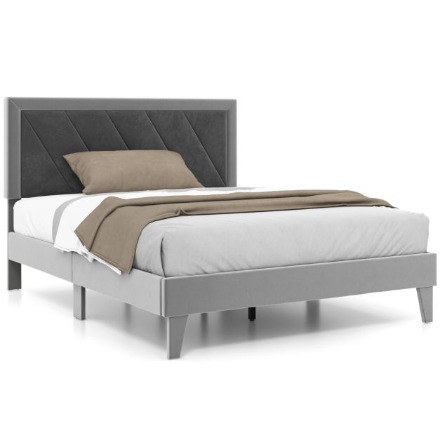 Single/Double Platform Bed with High Headboard &12 Wooden Slats-Double Size