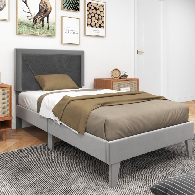 Single/Double Platform Bed with High Headboard &12 Wooden Slats-Single Size