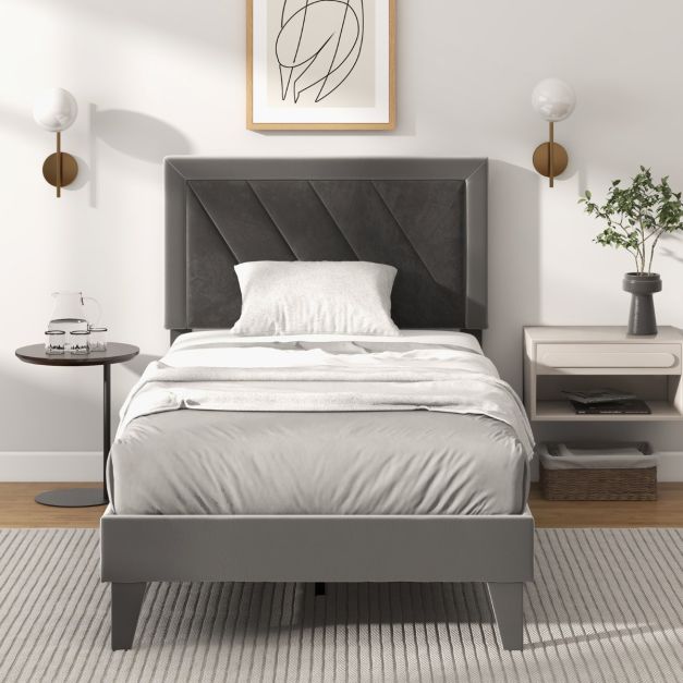 Single/Double Platform Bed with High Headboard &12 Wooden Slats-Single Size