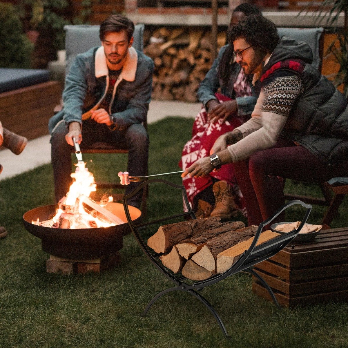 Portable Fireplace Log Rack with Convenient Handle-Black