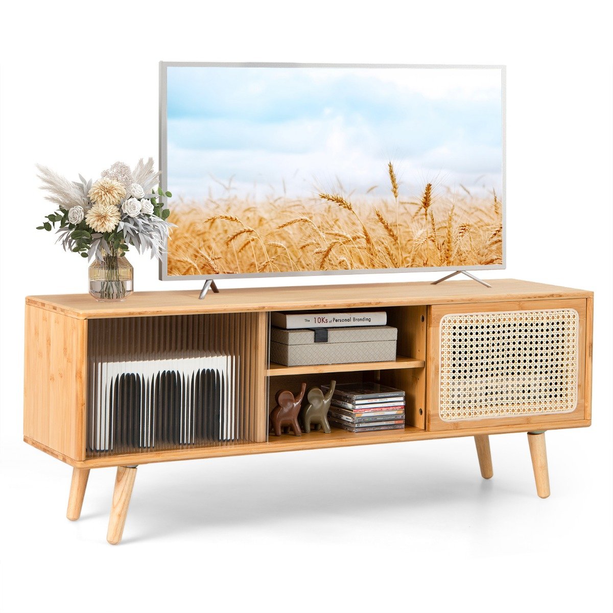 Bamboo Entertainment Center with Rattan and Tempered Glass Sliding Doors-Natural