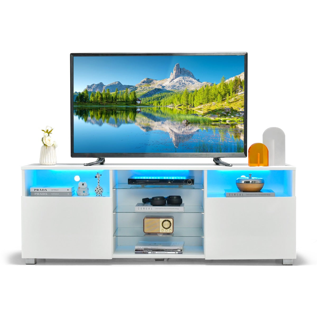 Console TV Stand for TVs up to 65" with LED Lights and 2 Doors-White
