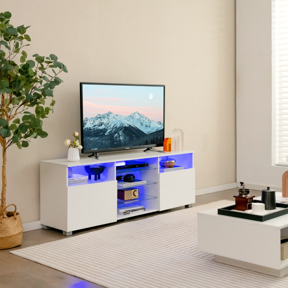 حامل تلفزيون كونسول لأجهزة التلفاز حتى 65 بوصة مع أضواء LED و2 باب - أبيض