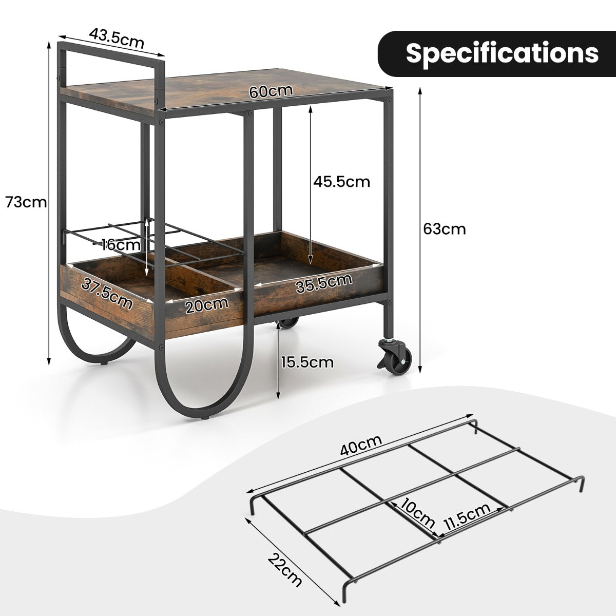 Rolling Buffet Serving Cart with Removable Metal Wire Wine Rack-Brown