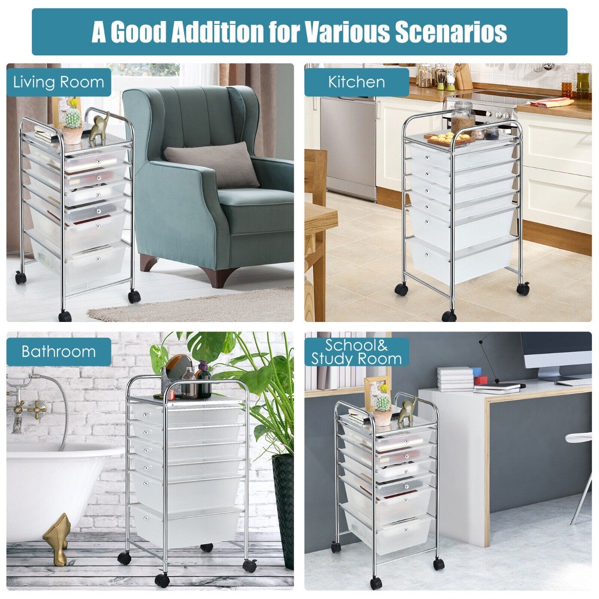 6 Drawers Storage Trolley with 4 Wheels for Makeup Beauty Salon-Transparent
