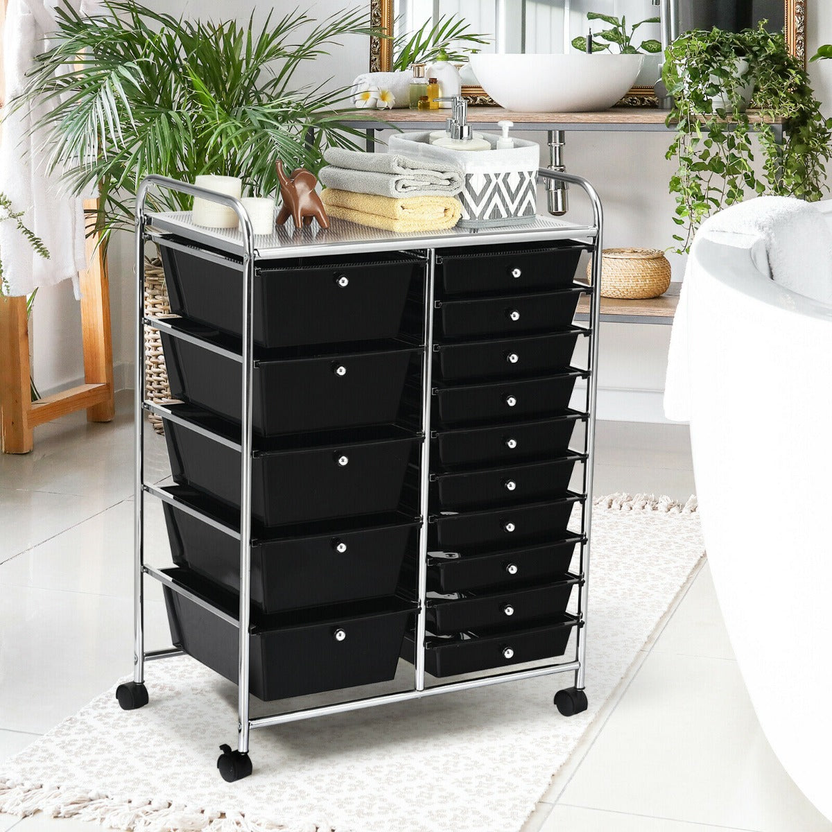 15 Drawer Rolling Storage Cart with 4 Wheels for Beauty Salon-Black