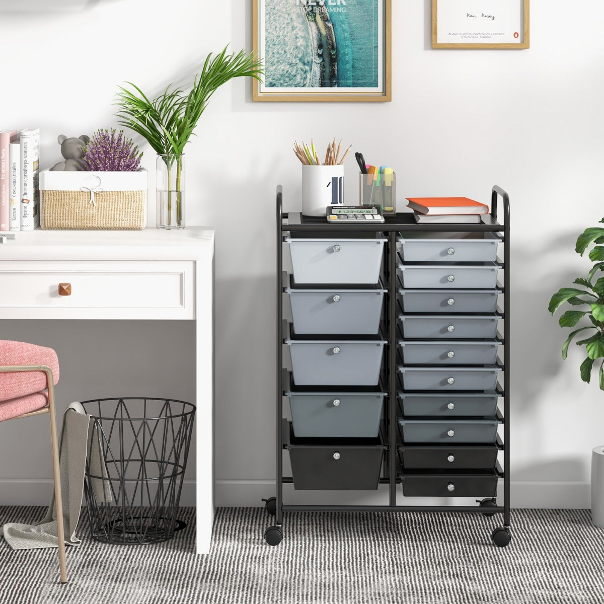 15 Drawer Rolling Storage Cart with 4 Wheels for Beauty Salon-Gradient Black With Black Frame