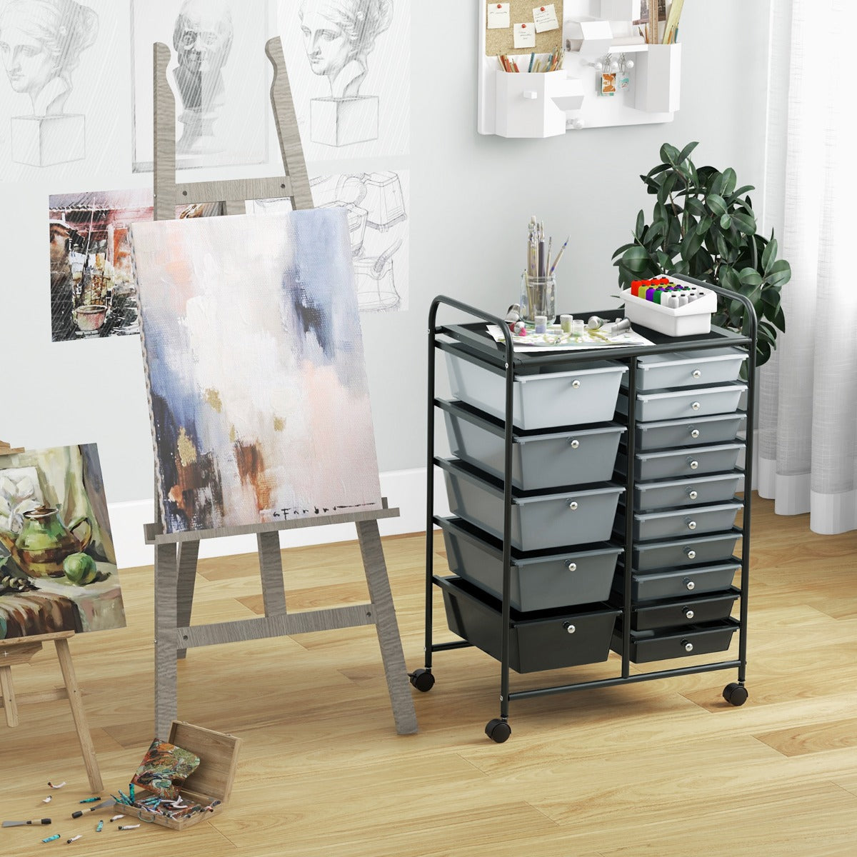 15 Drawer Rolling Storage Cart with 4 Wheels for Beauty Salon-Gradient Black With Black Frame