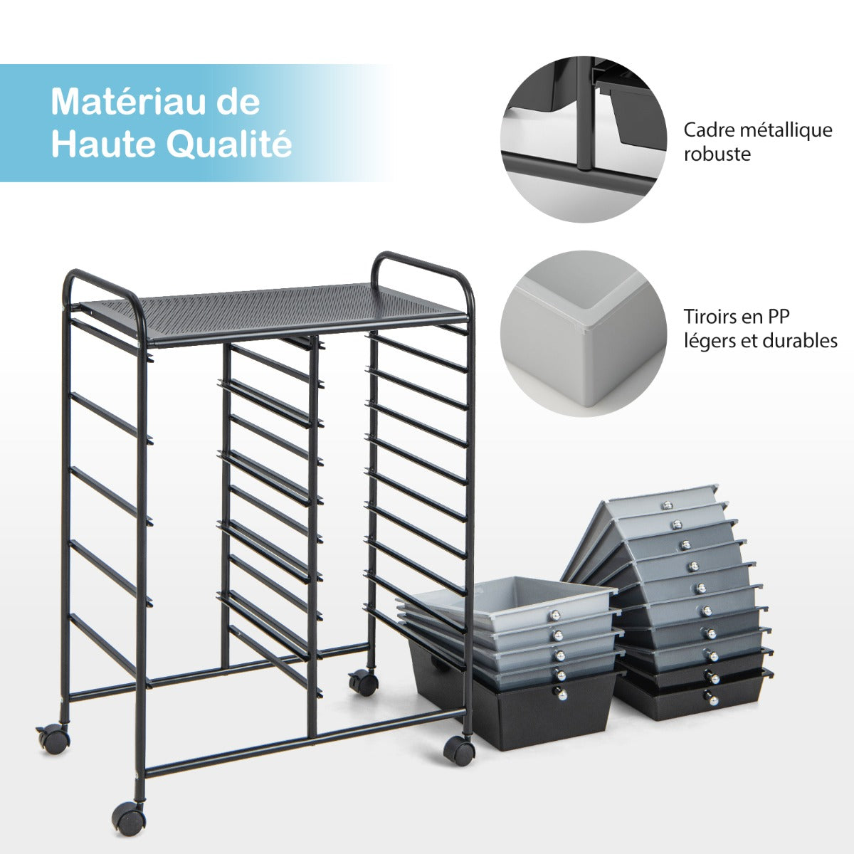 15 Drawer Rolling Storage Cart with 4 Wheels for Beauty Salon-Gradient Black With Black Frame