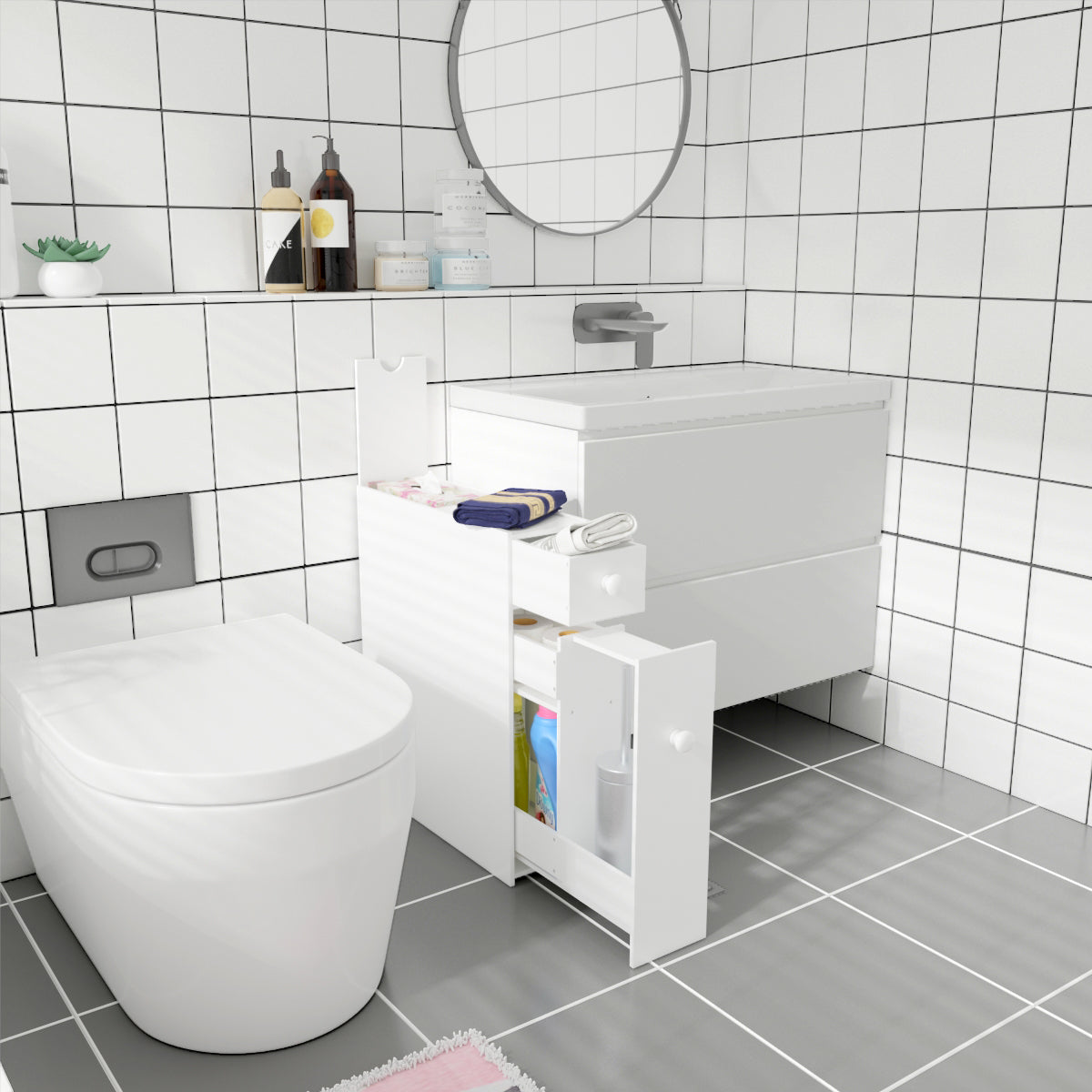 White wooden bathroom cabinet side cabinet niche cabinet white