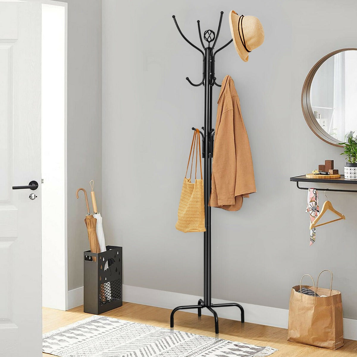 Modern Freestanding Metal Coat Stand with 12 Hooks for Bedroom Entryway-4-Leg Base