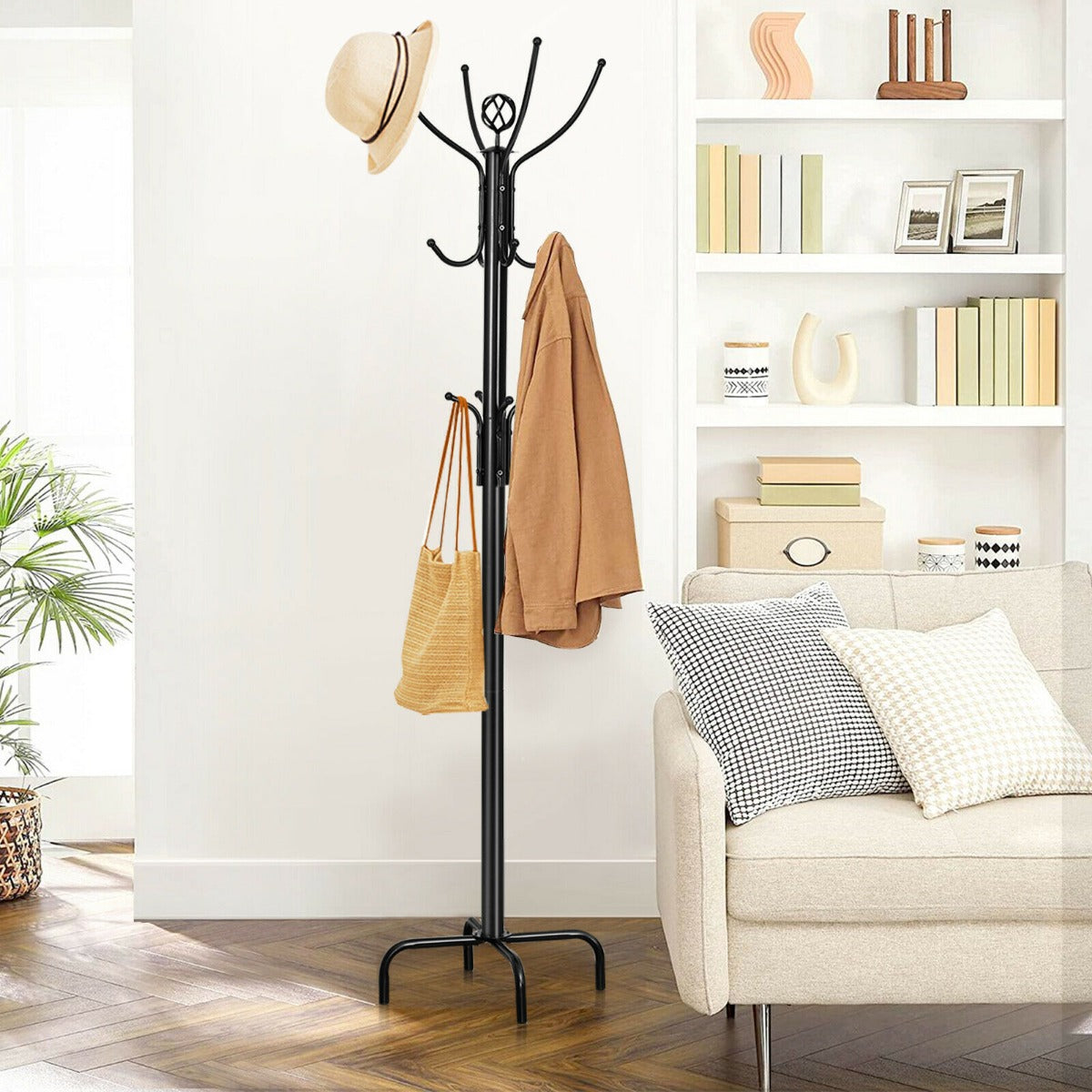 Modern Freestanding Metal Coat Stand with 12 Hooks for Bedroom Entryway-4-Leg Base