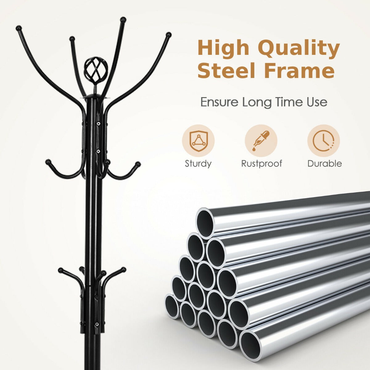 Modern Freestanding Metal Coat Stand with 12 Hooks for Bedroom Entryway-4-Leg Base