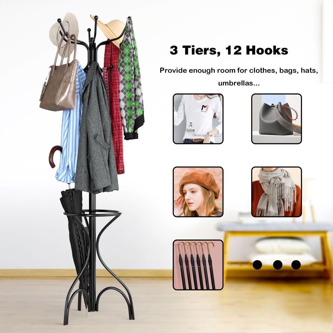 Modern Freestanding Metal Coat Stand with 12 Hooks for Bedroom Entryway-Triangular Base