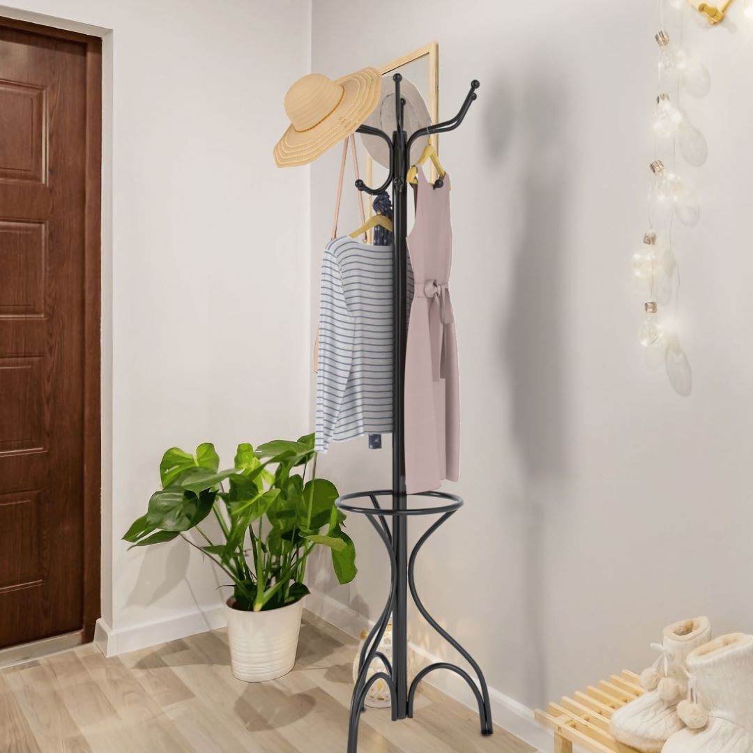 Modern Freestanding Metal Coat Stand with 12 Hooks for Bedroom Entryway-Triangular Base