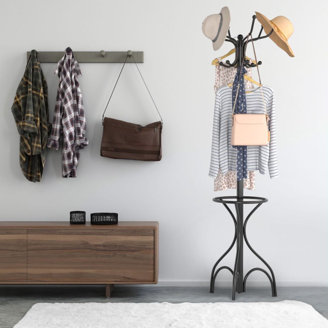 Modern Freestanding Metal Coat Stand with 12 Hooks for Bedroom Entryway-Triangular Base