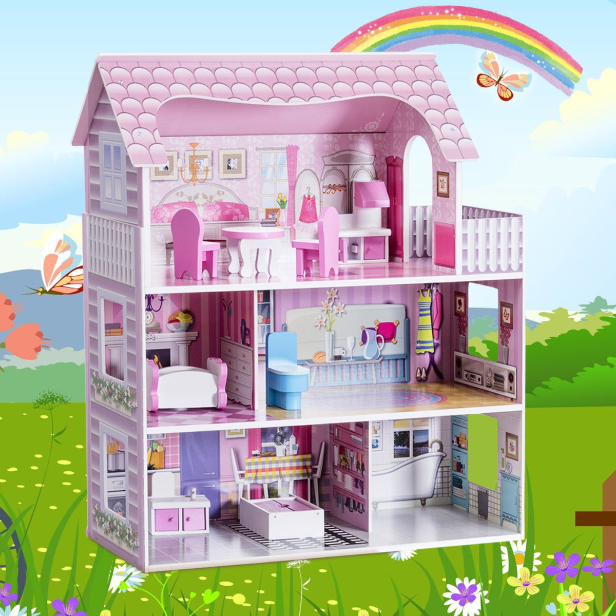 Large Wooden Dollhouse with Complete Accessories and Furniture for Kids