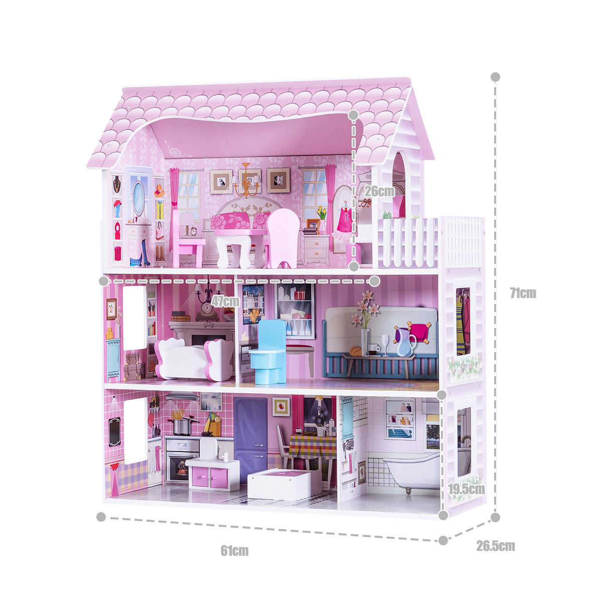 Large Wooden Dollhouse with Complete Accessories and Furniture for Kids