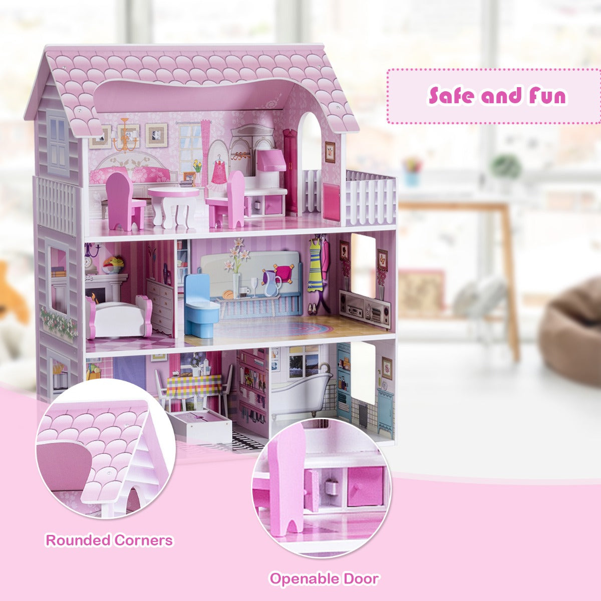 Large Wooden Dollhouse with Complete Accessories and Furniture for Kids