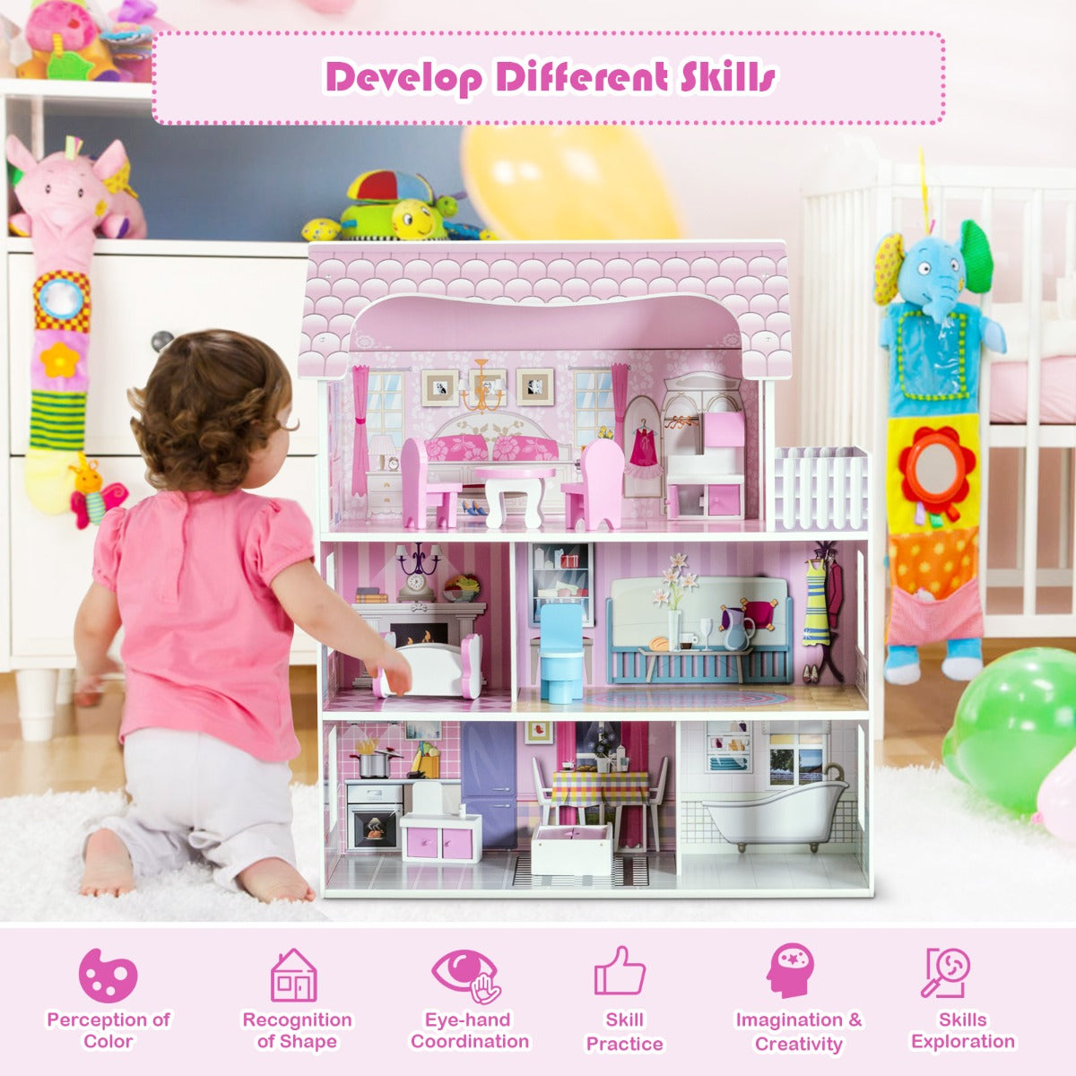 Large Wooden Dollhouse with Complete Accessories and Furniture for Kids
