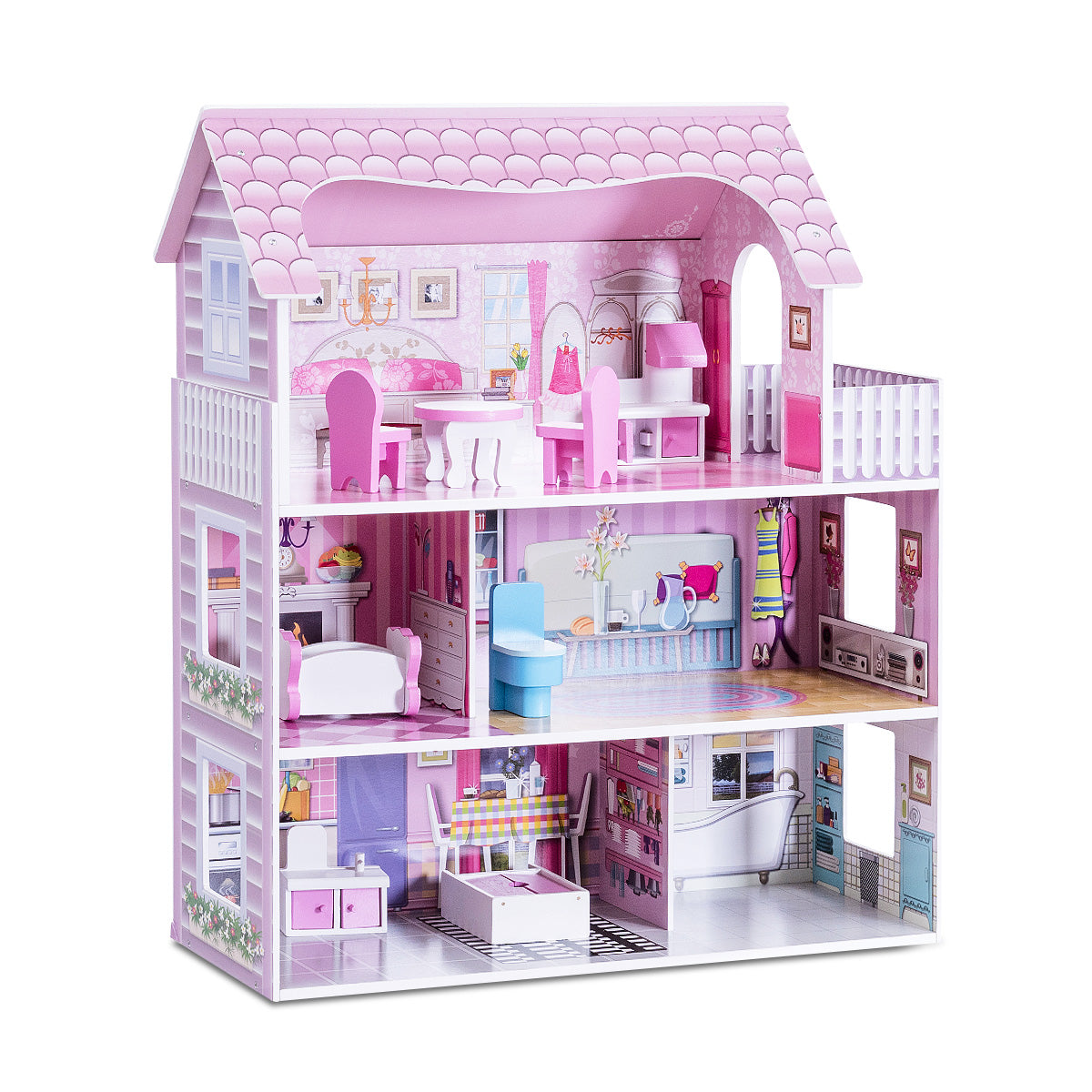 Large Wooden Dollhouse with Complete Accessories and Furniture for Kids