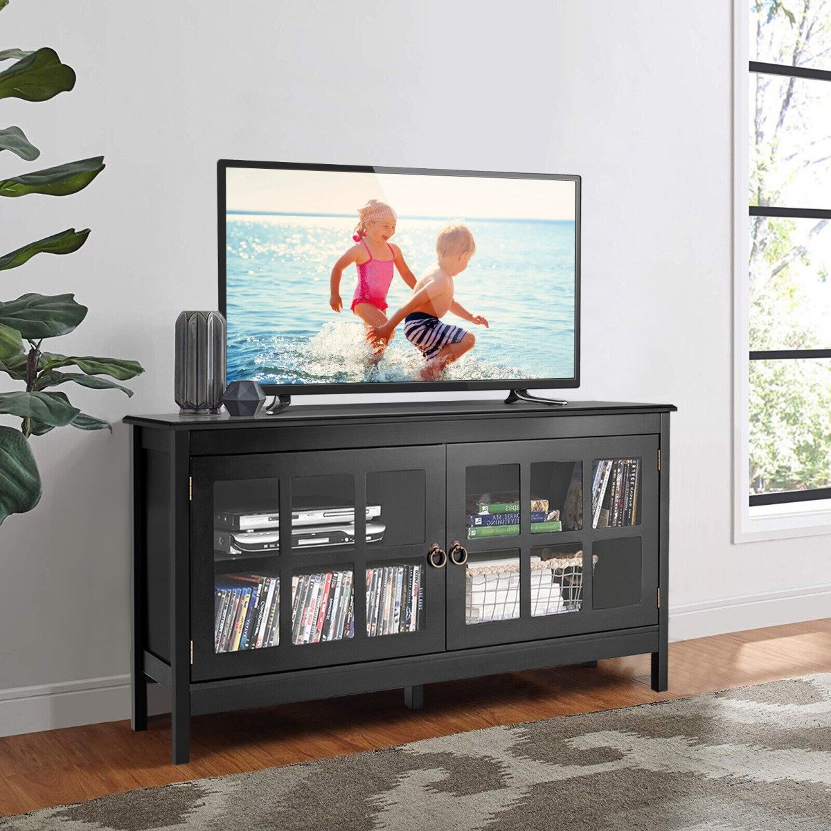 Modern Wooden TV Stand with Tempered Glass Doors for TVs up to 50''-Black