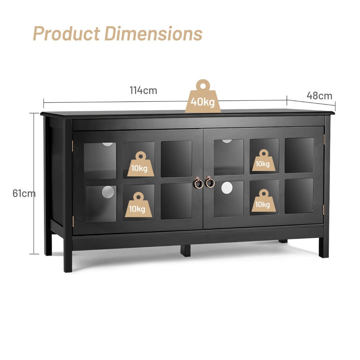Modern Wooden TV Stand with Tempered Glass Doors for TVs up to 50''-Black