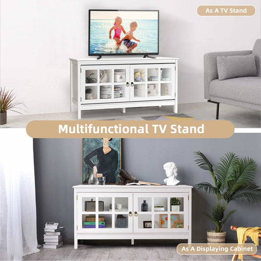 Modern Wooden TV Stand with Tempered Glass Doors for TVs up to 50''-White