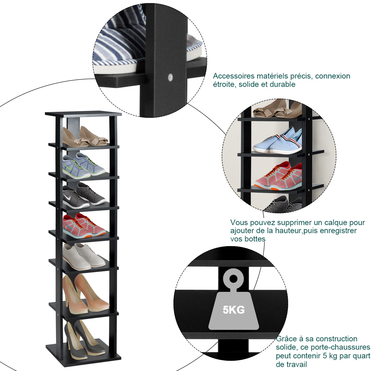 Wooden Shoe Rack 8 Tier Shoe Rack Shoe Organizer Vertical 27.5x26.5x110cm Black