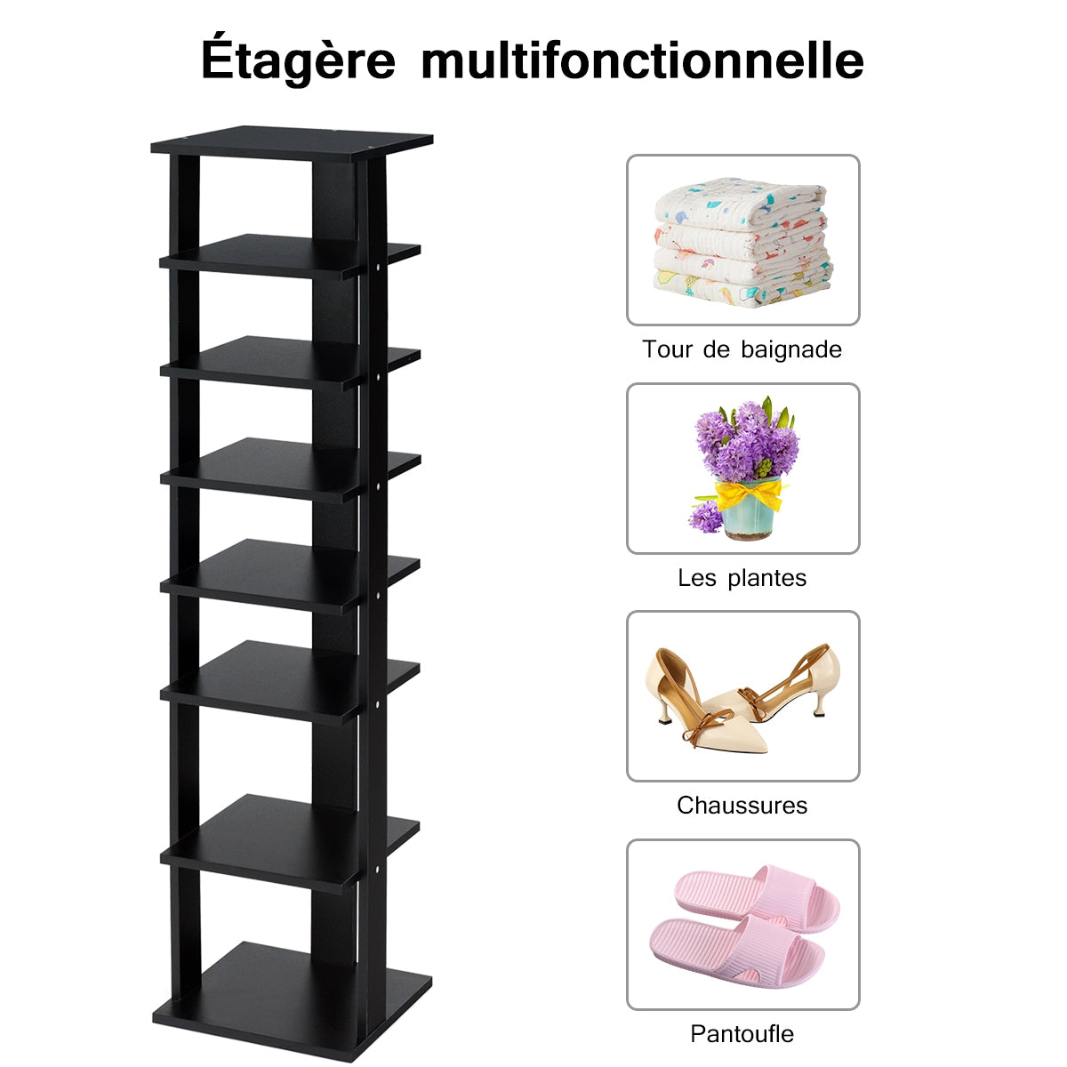 Wooden Shoe Rack 8 Tier Shoe Rack Shoe Organizer Vertical 27.5x26.5x110cm Black
